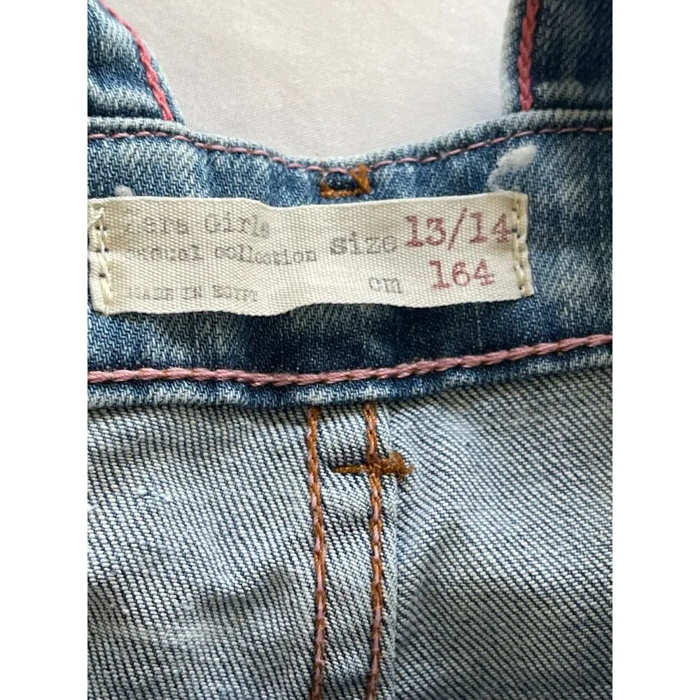 Zara Denim Distressed Bib Overall Girls Sz 13/14 Boho Vintage Jean Frayed Cotton
